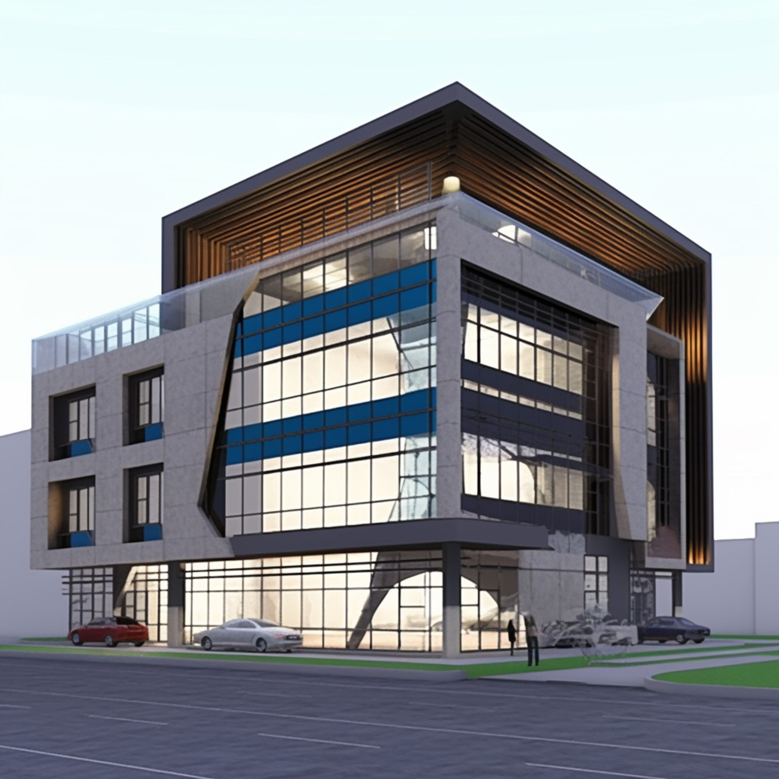 rendering of a modern office building with a curved facade. generative ai.